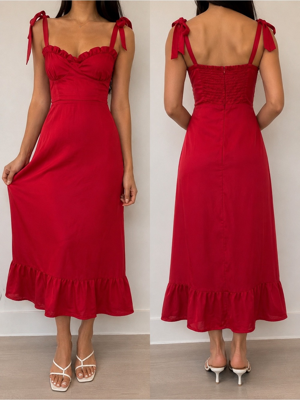 RIHOAS Red Satin Ruffle Tie-Strap Midi Dress Size L